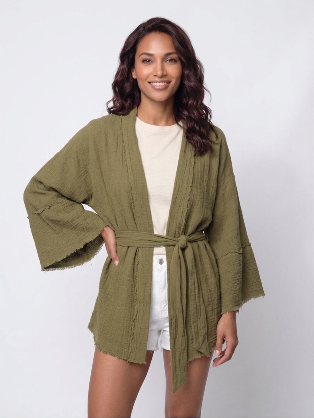 Umgee Olive Green Women Kimono Crinkled Textur Wide Flare Sleeves Belt Boho M/L